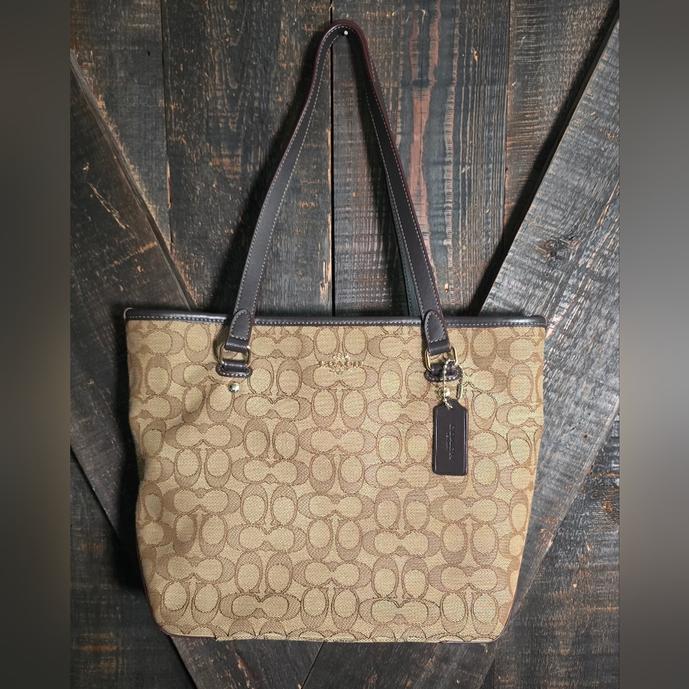 Coach Khaki and Brown Signature Canvas Tote Medium